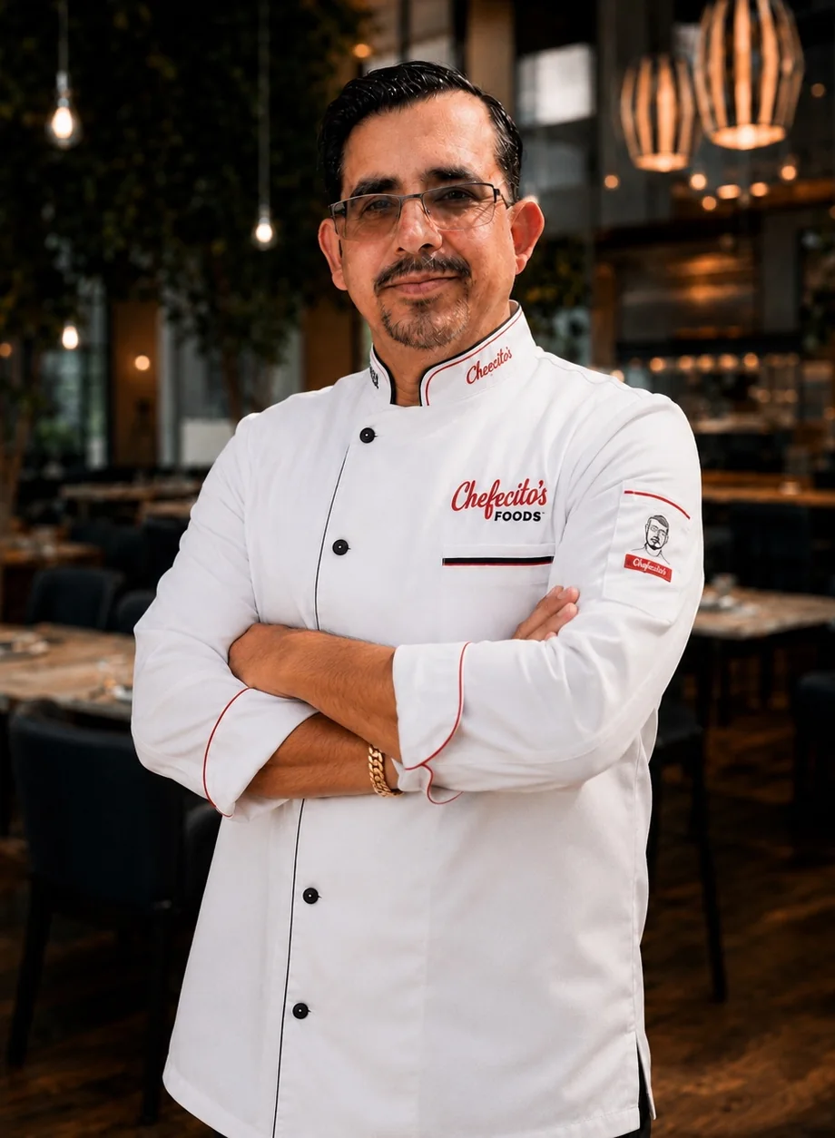 Chef Mark Ramirez wearing a white Chefecito's chef coat