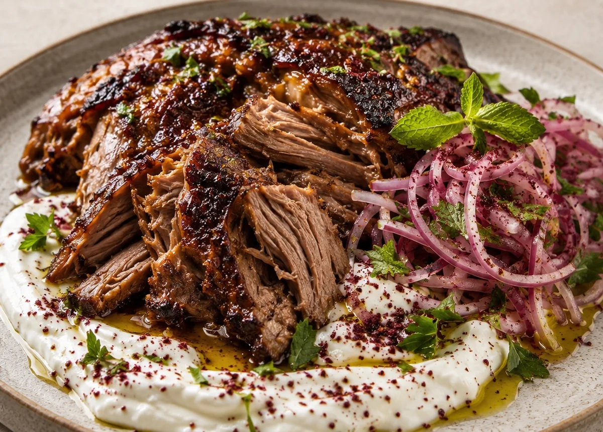 Slow-roasted baharat lamb shoulder with yogurt and sumac onions
