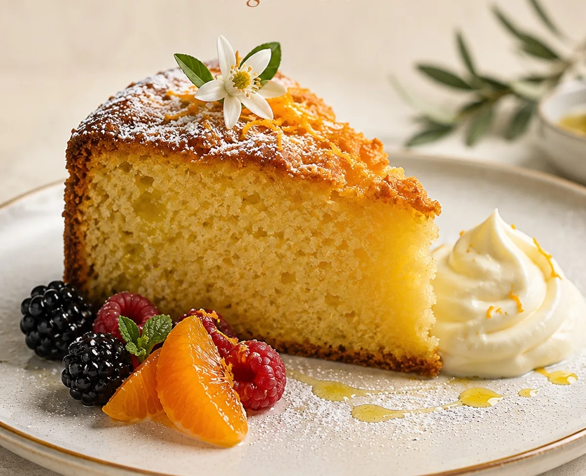 Olive oil cake with orange blossom cream and fresh berries