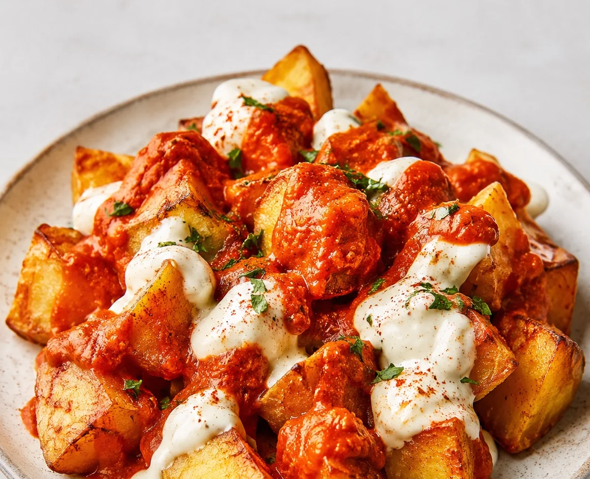 Crispy patatas bravas with red sauce and aioli
