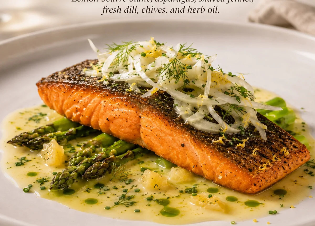 Crisp-skin salmon with asparagus, fennel, and beurre blanc