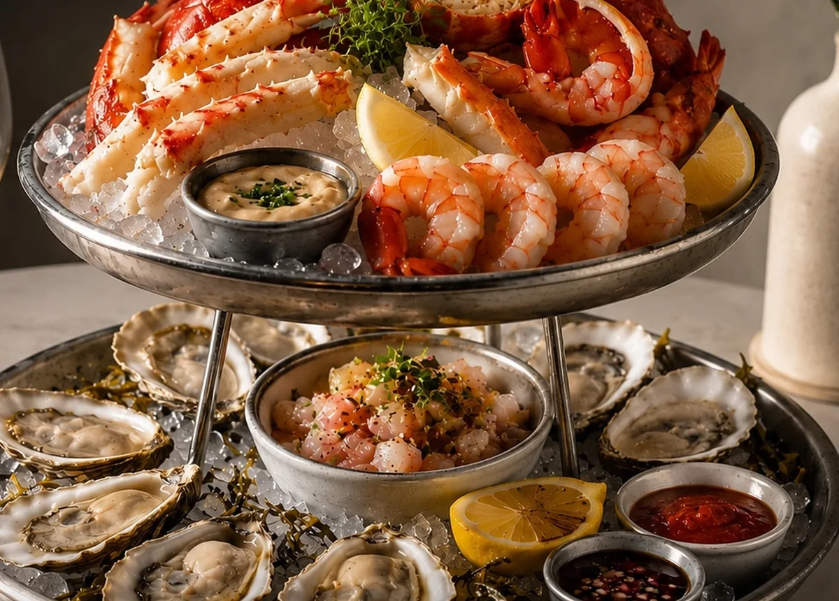 Luxury seafood tower with lobster, crab, shrimp, and oysters